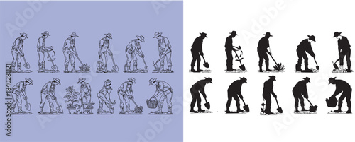 Country people crouching, farmers gardeners florists flower growers and editable line drawings in vector