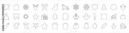 Editable stroke, A massive set of Christmas line icons. Vector outlines, Digital stamps. Simple thin line symbols of winter items are isolated. A comprehensive graphic elements pack for design.