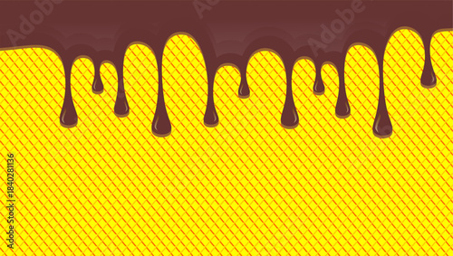 Hot chocolate drip illustration. Melting chocolate on waffle background. Drippy ice cream vector design. Wavy choco melt border. Brown chocolate drips illustration.