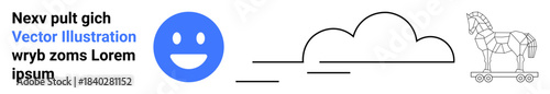 Social media, technology, cybersecurity, data, emotions, security. Blue happy face, cloud and a Trojan horse outline. Social media and technology concepts with a focus on cybersecurity