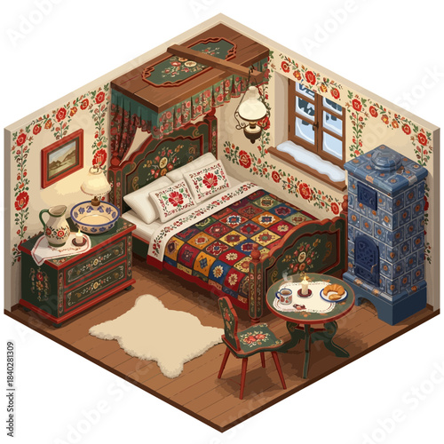 Traditional cozy bedroom interior with vintage furniture and decorative elements evoking a