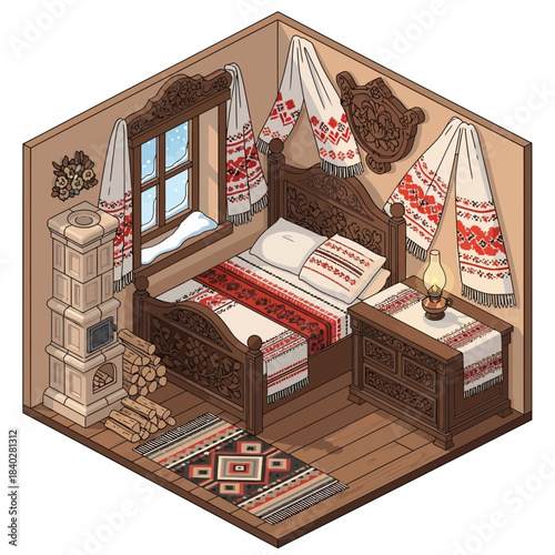 Vintage Scandinavian-style bedroom with traditional textiles and ornate wooden furniture