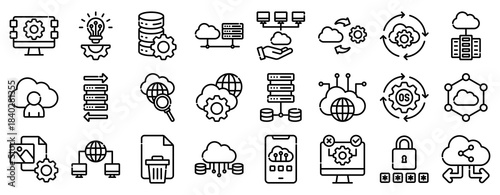Cloud Hosting Icon Set Collection Outline Style. Vector illustration.