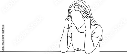 continuous line drawing of stressed woman having a headache, line art vector illustration