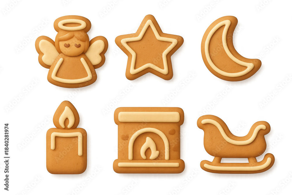 Obraz premium Charming cartoon cookie icons featuring angel, star, moon, candle, fireplace, and sleigh design for holiday decorations