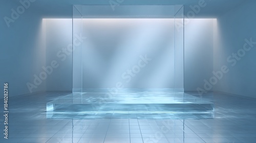 Futuristic empty room with glass display pedestal and dramatic lighting