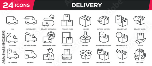 Set of collection line icons related Delivery. Editable stroke. Perfect pixel on transparent background