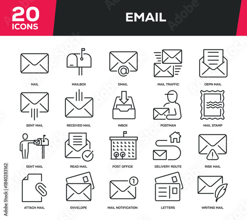 Set of collection line icons related E-Mail. Editable stroke. Perfect pixel on transparent background