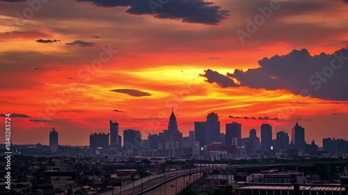 Dramatic Sunset Over City Skyline With Clouds.