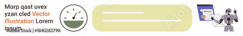 Artificial intelligence, cybersecurity, productivity tools, automation, tech innovation, digital transformation. Robot interacting with speed gauge and online security interface. AI and cybersecurity