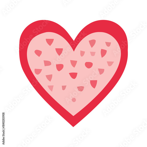 Charming abstract illustration of a delicate pink heart, subtly adorned with scattered small red and lighter pink confetti-like shapes, symbolizing affection, celebration, and romantic sentiment