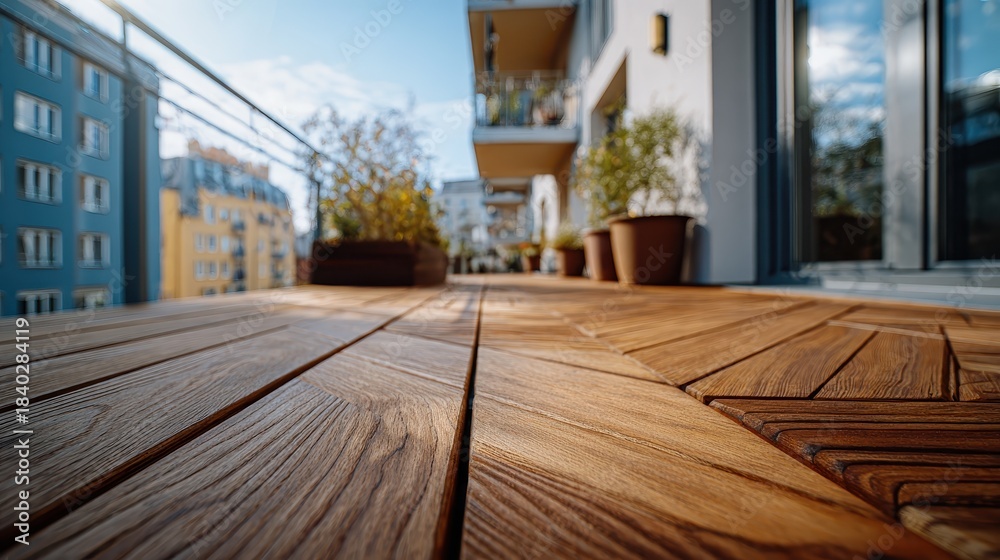 Fototapeta premium Wood tiles on a balcony floor, with pots and city buildings in the background. Perfect image for real estate, home improvement, or urban design projects.