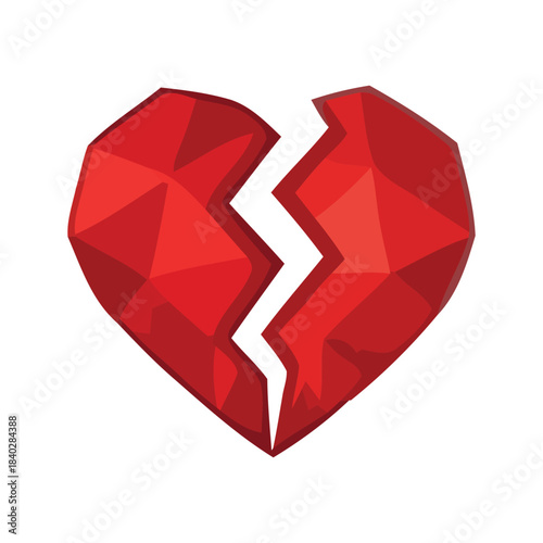Geometric style broken red heart symbol of unrequited love, heartache, sadness, and emotional pain. Faceted polygonal icon representing heartbreak, relationship difficulties, and lost love