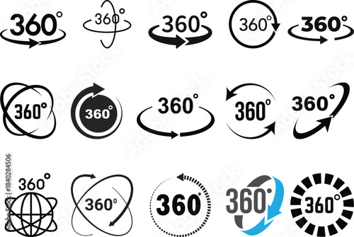 360 degrees vector icon set. Round signs with arrows rotation to 360 degrees. 360 degree complete angle or a full angle. 360 degrees logo, label, badge, symbol, banner, circle, black, line, isolated.