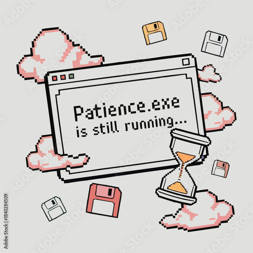 Patience.exe Is Still Running Retro Pixel Computer Window T‑Shirt Design, Cute Pastel Cloud and Floppy Disk Vector