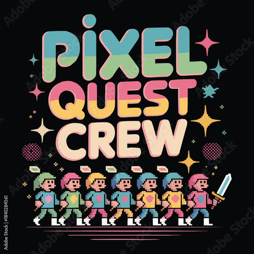 Pixel Quest Crew  Retro Pastel Pixel Art Gamer T‑Shirt Design