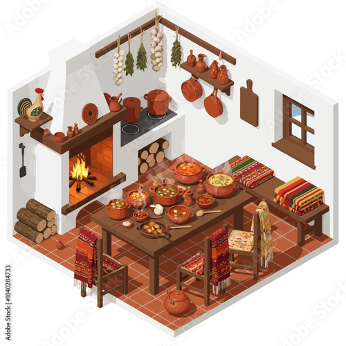 cozy traditional kitchen interior with firewood, pottery and rustic decor details