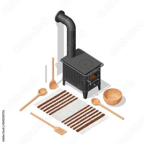 cozy traditional wood stove with cooking pot and utensils for heating and cooking in rustic kitchen