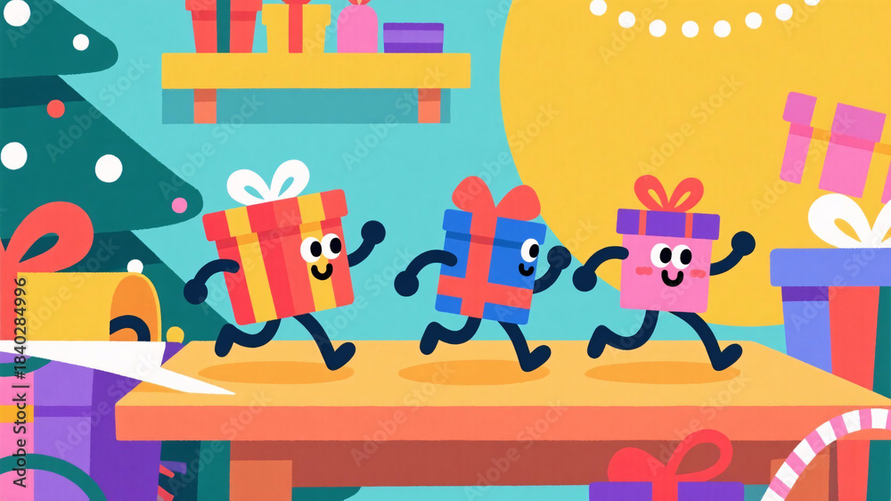 Fototapeta premium A playful flat vector illustration of gift boxes with tiny legs and expressive faces running away from a busy wrapping table in a bright holiday scene 