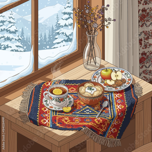 Cozy Winter Scene with a Hot Beverage and Fresh Fruits on a Carpetted Table by the Window