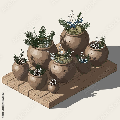 Decorative Pottery with Festive Pine Cones and Snowflakes Arranged on Wooden Plank
