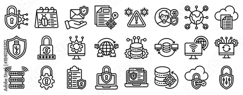 Secure Network Icon Set Collection Outline Style. Vector illustration.