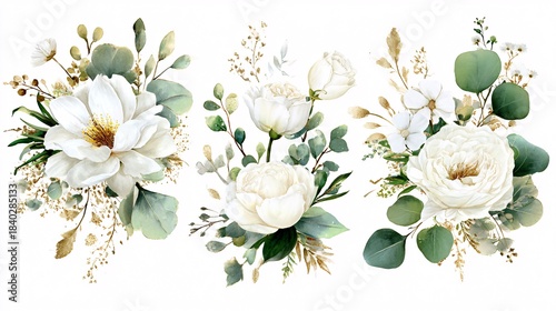 Elegant white floral bouquet with green eucalyptus and delicate leaves on white background