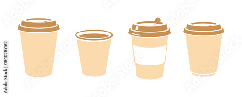 Collection of disposable coffee cups. A variety of paper cup types. Simple vector flat icons on a white background.
