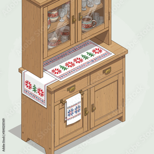 Decorative wooden kitchen cabinet with matching embroidered textile accessories for a cozy country