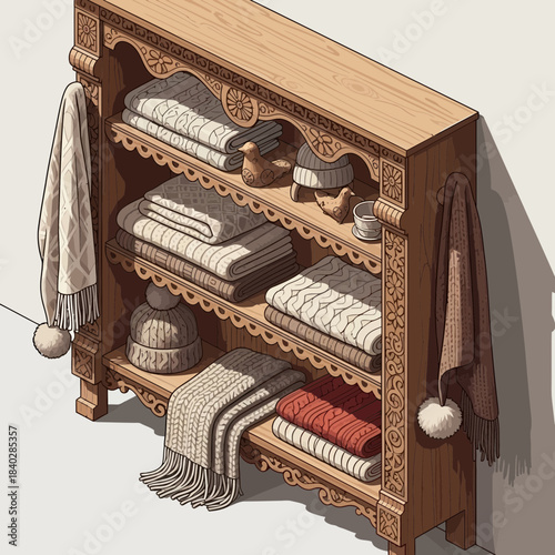 intricately carved wooden shelf with linens and hanging garments emphasizing craftsmanship and