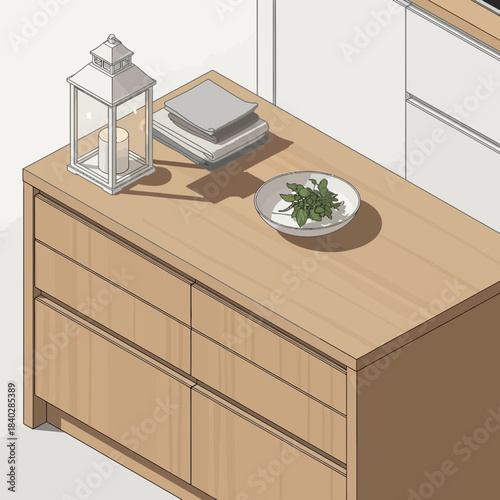 minimalist wooden sideboard in modern interior design with decorative lantern and plant