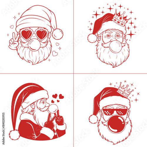 Christmas Santa Bubble Gum Claus bundle with braided beard sunglasses headphones and festive hand gestures in red line art holiday illustration set