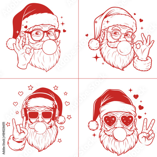 Christmas Santa Bubble Gum Claus bundle with braided beard sunglasses headphones and festive hand gestures in red line art holiday illustration set
