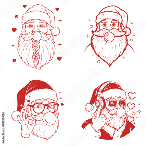 Christmas Santa Bubble Gum Claus bundle with braided beard sunglasses headphones and festive hand gestures in red line art holiday illustration set