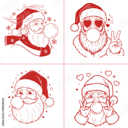 Christmas Santa Bubble Gum Claus bundle with braided beard sunglasses headphones and festive hand gestures in red line art holiday illustration set
