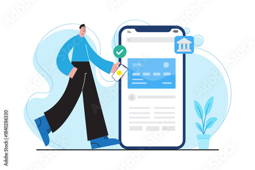 Modern mobile banking illustration showing a man making secure online payments through smartphone with digital card verification and financial technology interface.