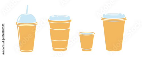 Collection of disposable coffee cups. A variety of paper cup types. Simple vector flat icons on a white backdrop.