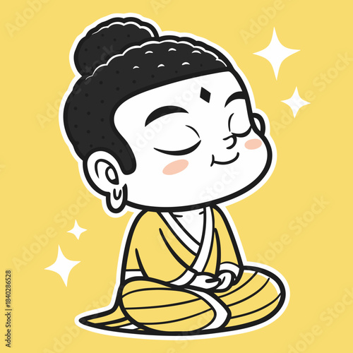 A smiling young monk with closed eyes, sitting cross-legged in meditation. He has a traditional topknot, wears simple yellow robes, and has a small black mark on his forehead.