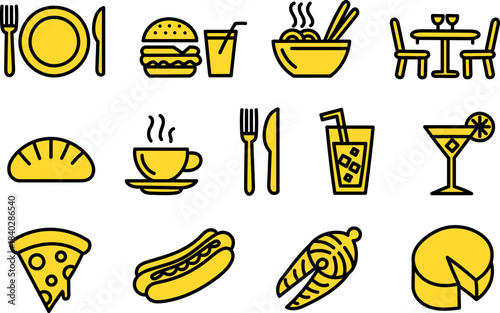 Food and Dining Icons Set in Yellow Line Style for Restaurant, Cafe, Fast Food, and Culinary Concepts