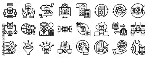 Data Processing Icon Set Collection Outline Style. Vector illustration.