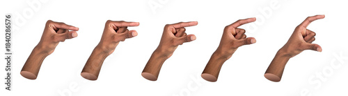 A set of hands holds imagined objects between the thumb and index finger, varying from tiny to very