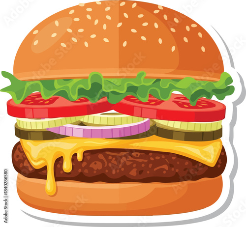 Cartoon hamburger with sesame seed bun and melted cheese