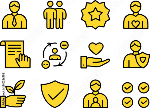 Business Ethics and Human Values Icons in Yellow Line Style for Leadership, Trust, Support, and Corporate Responsibility