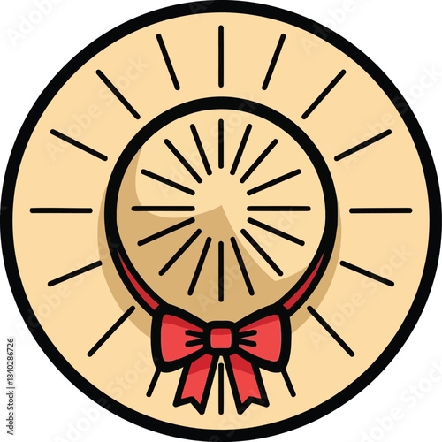 Flat illustration of a straw hat with a red bow summer hat