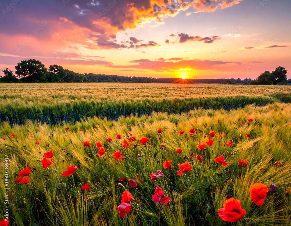 Fototapeta premium Golden hour illuminates a field of poppies and wheat