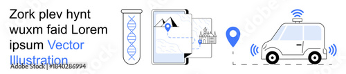 Biotechnology, navigation, scientific research, automation, smart cars, future technology. Visual of DNA strand, map marker autonomous car. Biotechnology and navigation concepts showcased