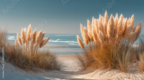 Sandy beach vista with pampas grass and turquoise water. Good for travel, nature, or coastal themed promotions.
