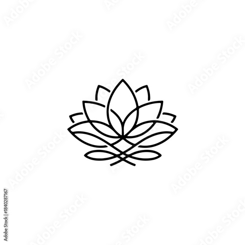 Minimalist black outline icon of a serene lotus flower, symbolizing purity, peace, and spiritual growth, perfect for wellness designs. isolated on transparent background