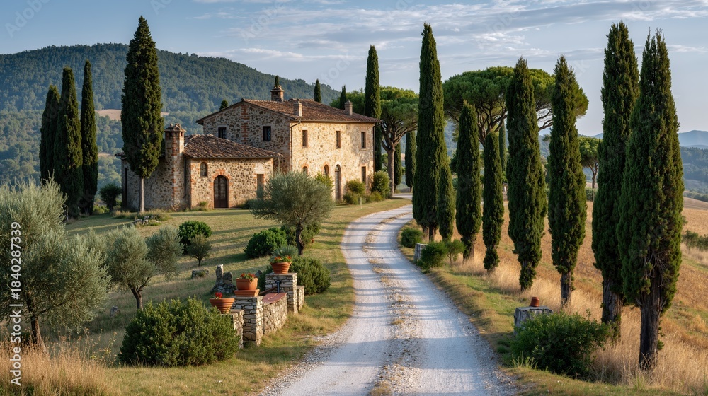 Fototapeta premium Picturesque tuscan countryside villa with cypress trees and scenic landscape in summer