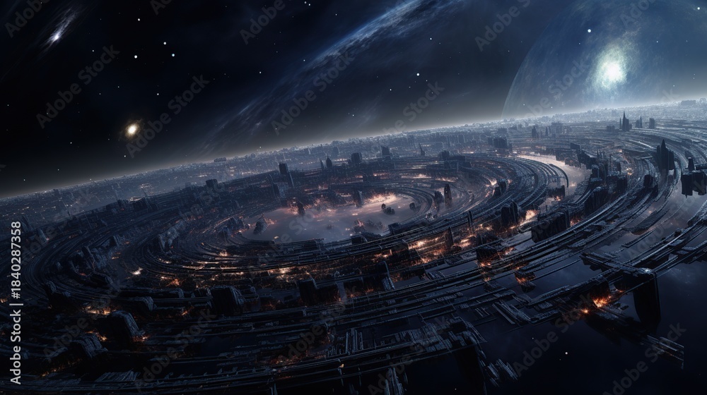 Fototapeta premium Vast Ringed Habitation Structure Orbiting a Distant Star in Deep Space